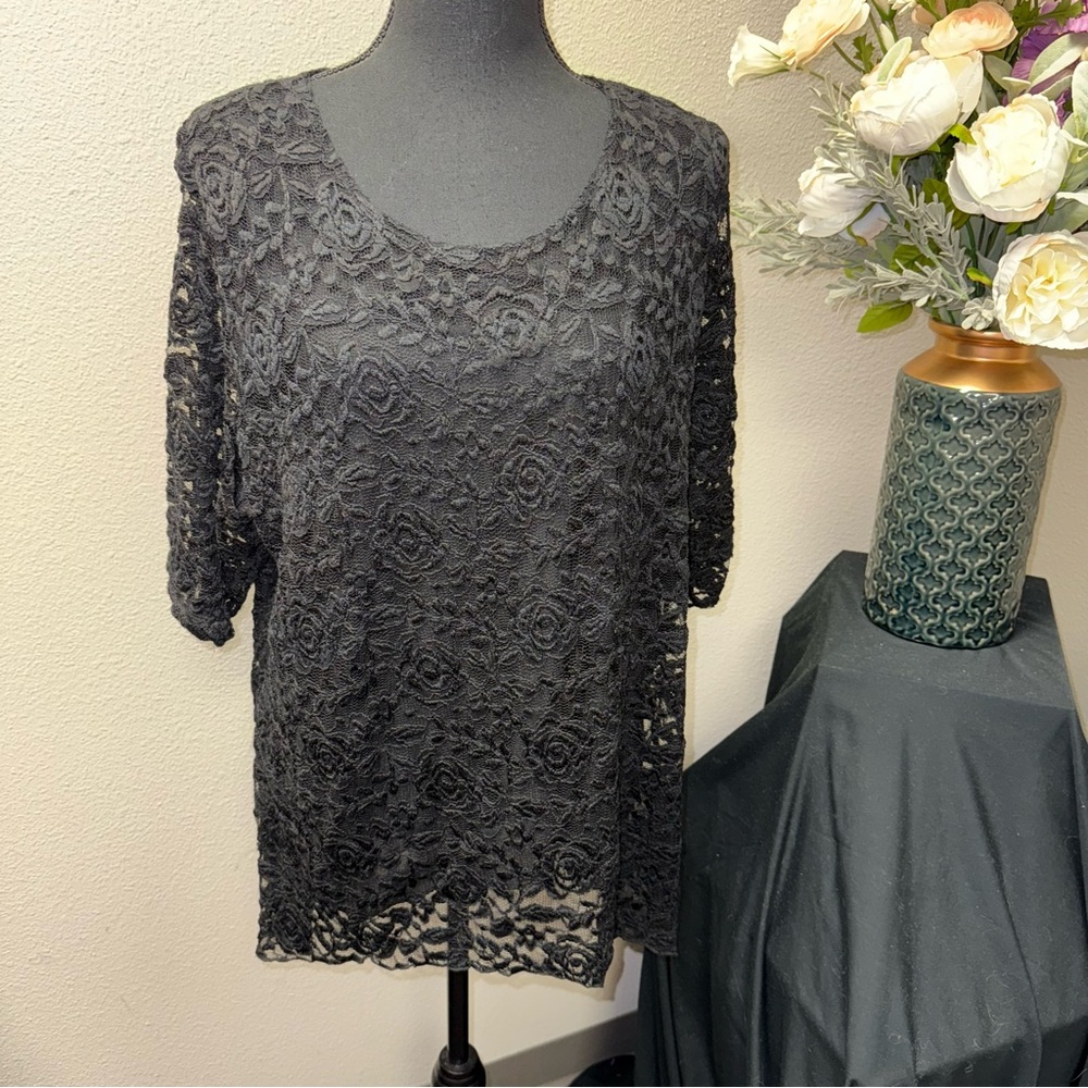 BonWorth Black Lace Floral Top L Sheer Romantic Elegant Evening Blouse